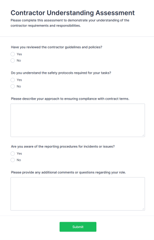 Contractor Understanding Assessment Form Template