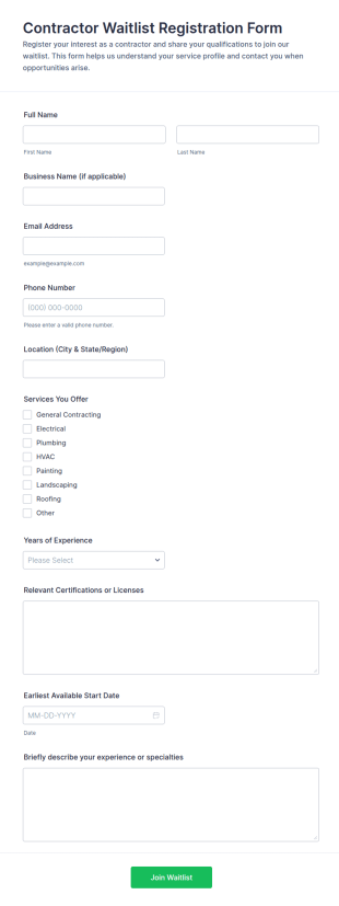 Contractor Waitlist Registration Form Template