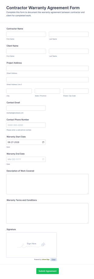 Contractor Warranty Agreement Form Template