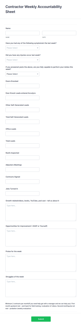 Contractor Weekly Accountability Sheet Form Template