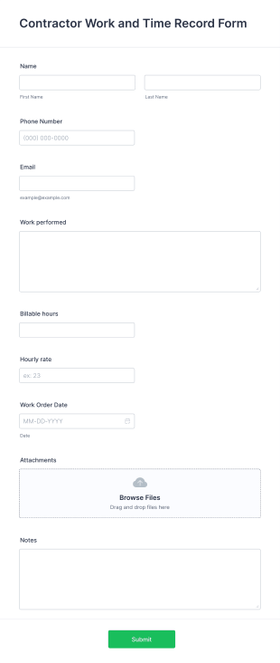 Contractor Work And Time Record Form Template