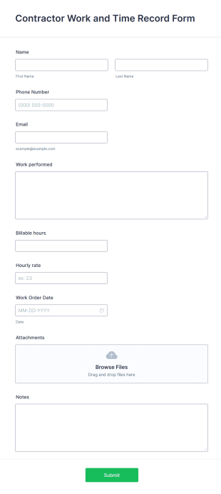 Contractor Work And Time Record Form Template