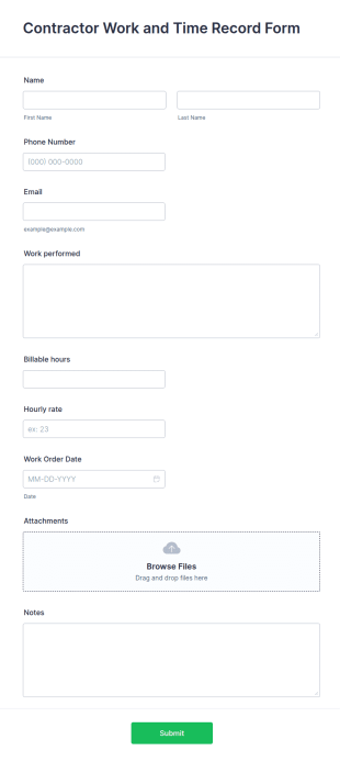 Contractor Work And Time Record Form Template