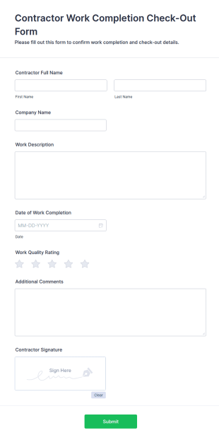 Contractor Work Completion Check Out Form Template