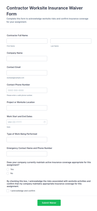 Contractor Worksite Insurance Waiver Form Template
