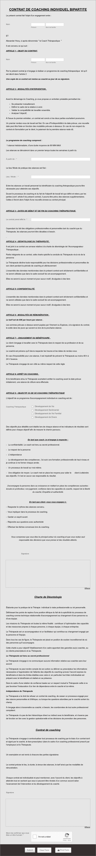 Contrat De Coaching Individuel Bipartite Form Template