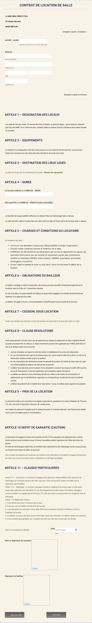 Contrat De Location De Salle Form Template