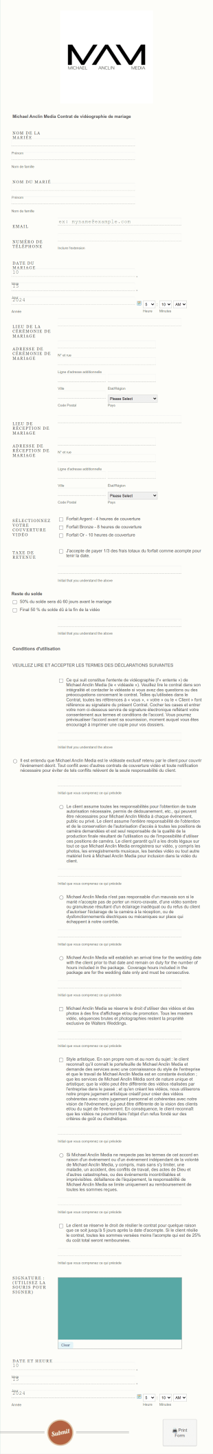 Contrat De Vidéographie De Mariage