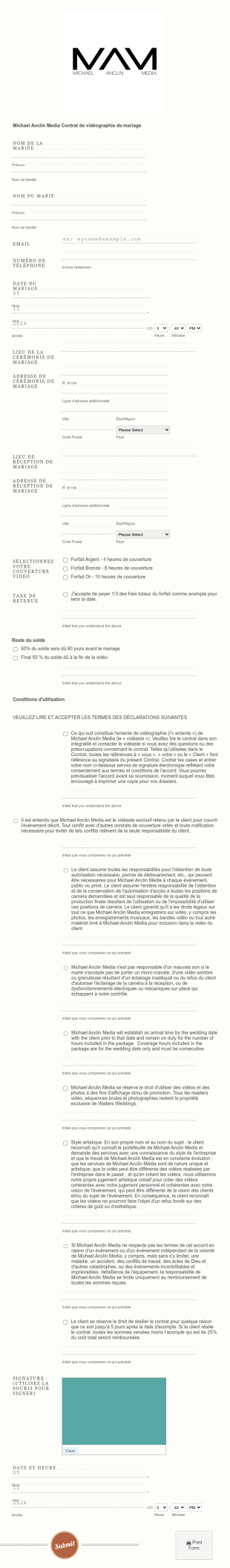 Contrat De Vidéographie De Mariage