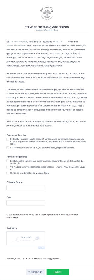 Contrato De Serviço Atendimento Social Form Template