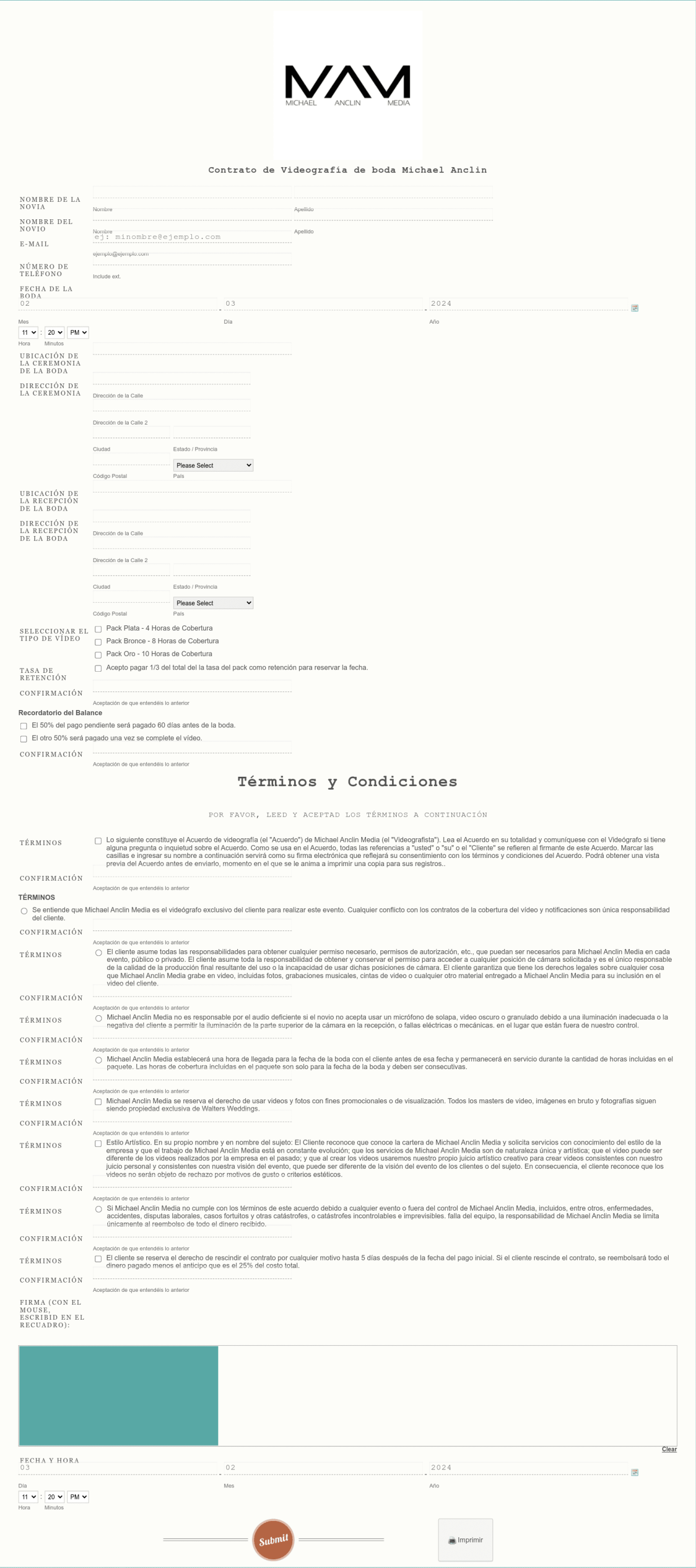 Contrato de Videografía de boda Plantilla de formulario | Jotform, image size:1200x2703