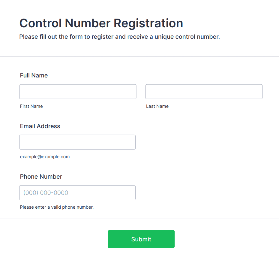 Control Number Registration Form Template | Jotform