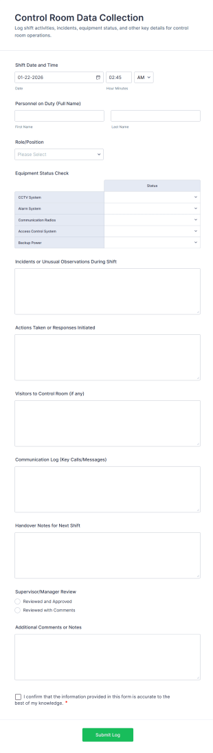 Control Room Data Collection Form Template