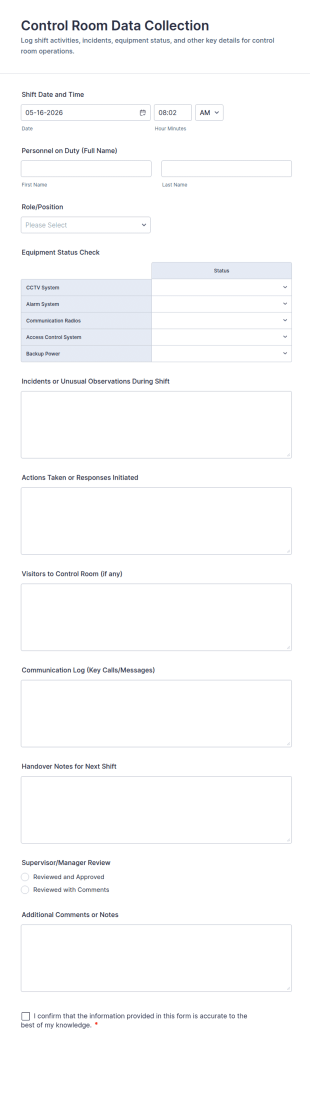 Control Room Data Collection Form Template