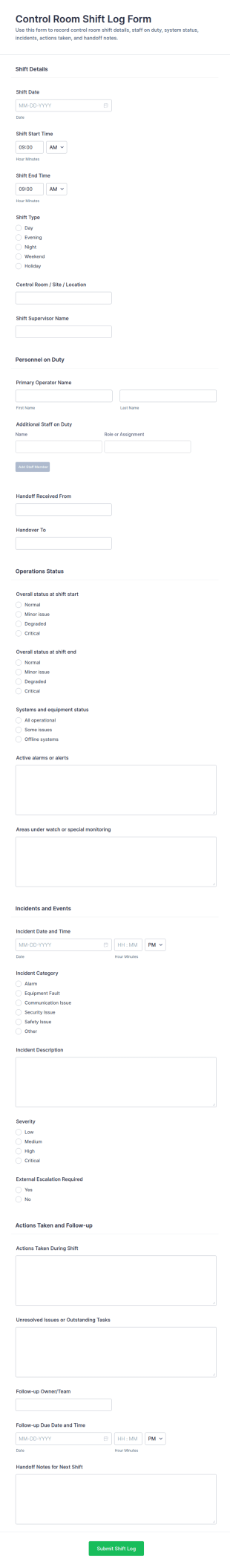 Control Room Shift Log Form Template
