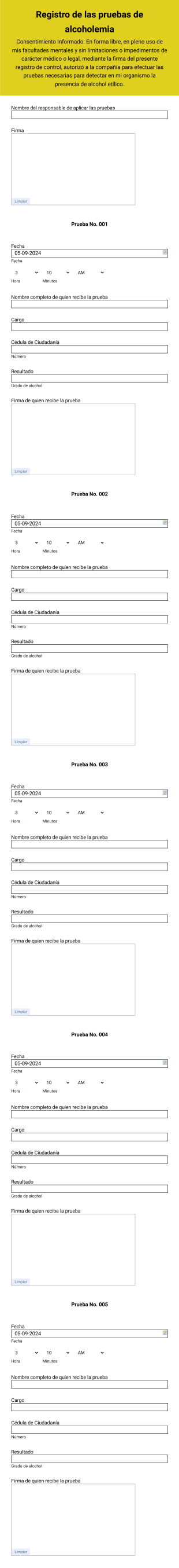 Control Y Seguimiento De Pruebas De Alcoholemia Para Empleados Form Template