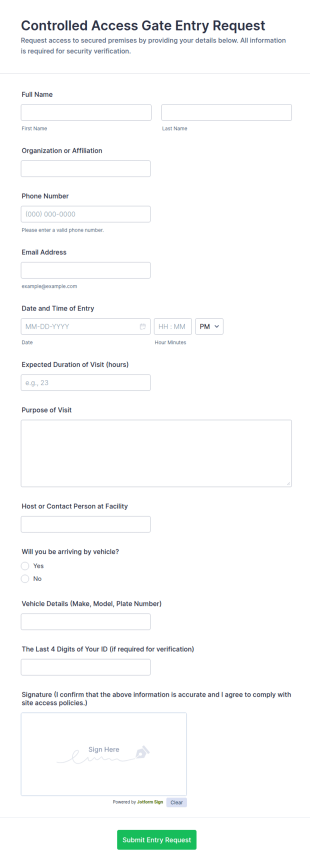 Controlled Access Gate Entry Request Form Template