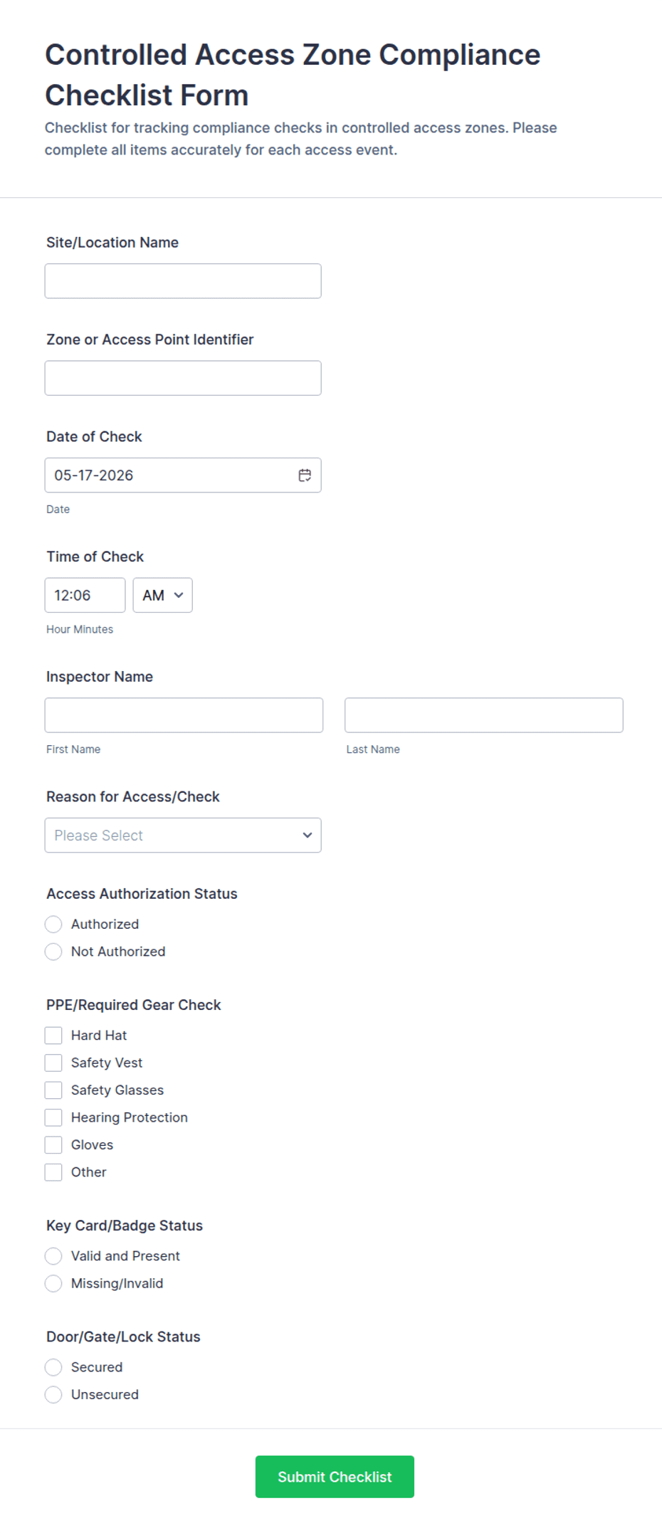 Controlled Access Zone Compliance Checklist Form Template | Jotform