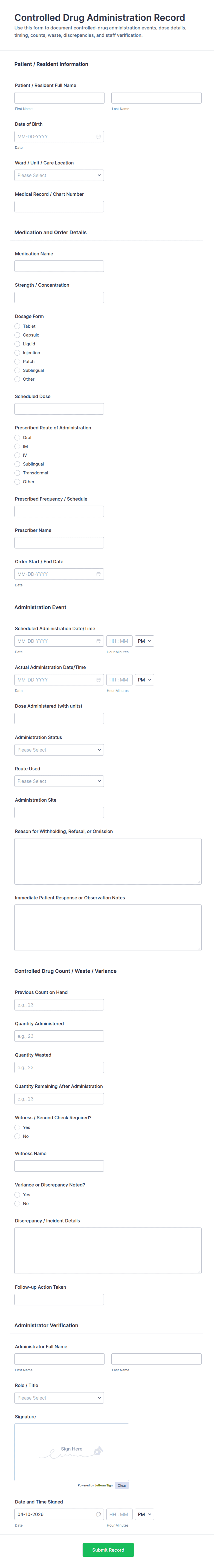 Controlled Drug Administration Record Form Template | Jotform