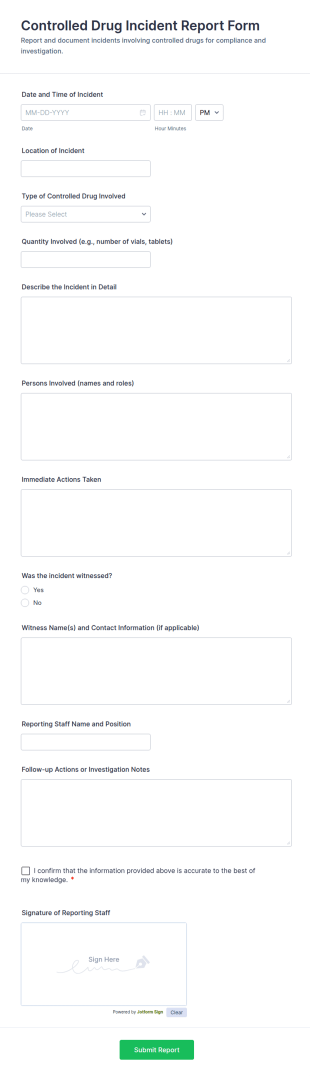 Controlled Drug Incident Report Form Template