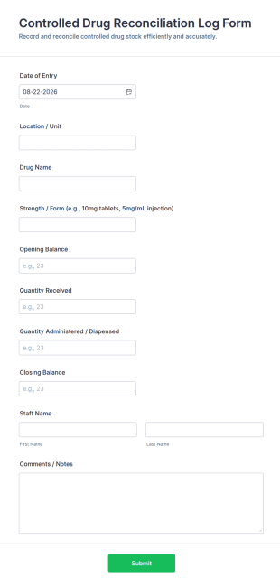 Controlled Drug Reconciliation Log Form Template