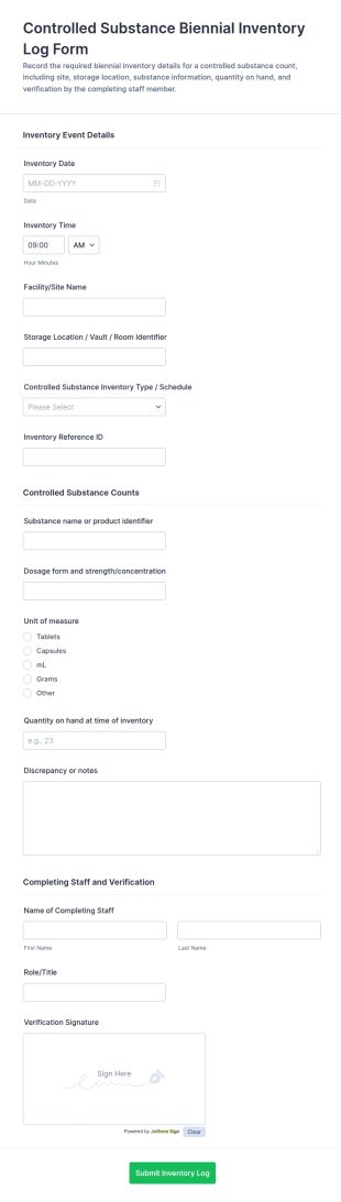 Controlled Substance Biennial Inventory Log Form Template