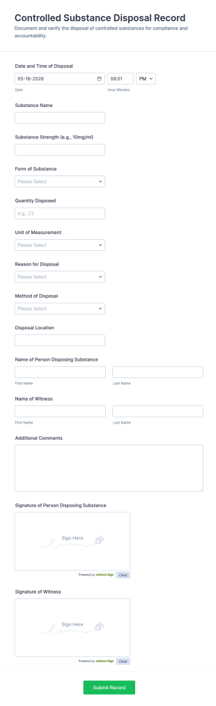 Controlled Substance Disposal Record Form Template