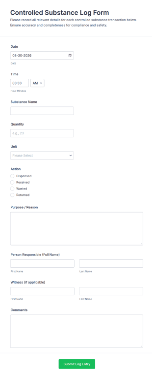 Controlled Substance Log Form Template