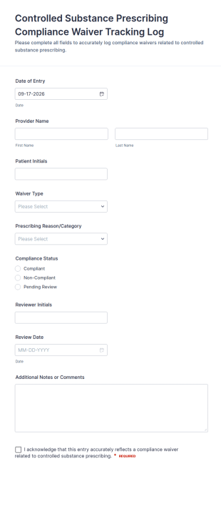 Controlled Substance Prescribing Compliance Waiver Tracking Log Form Template