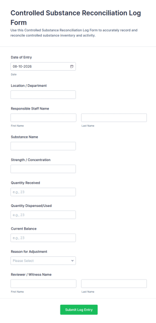 Controlled Substance Reconciliation Log Form Template