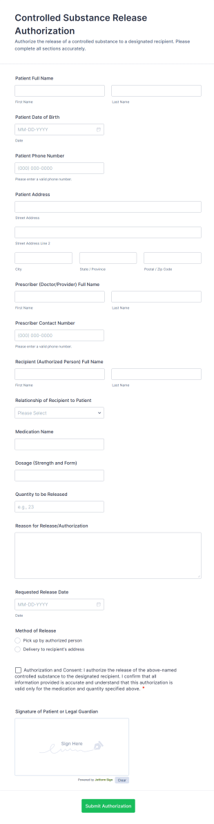 Controlled Substance Release Authorization Form Template