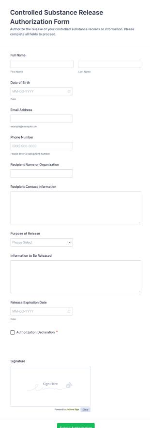 Controlled Substance Release Authorization Form Template