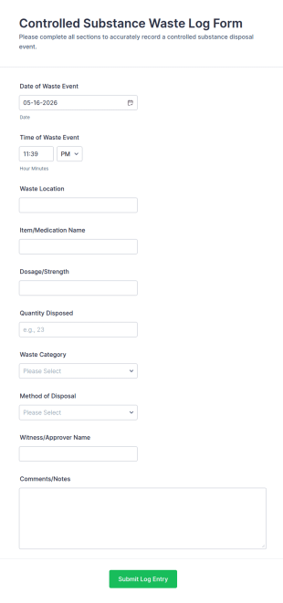 Controlled Substance Waste Log Form Template