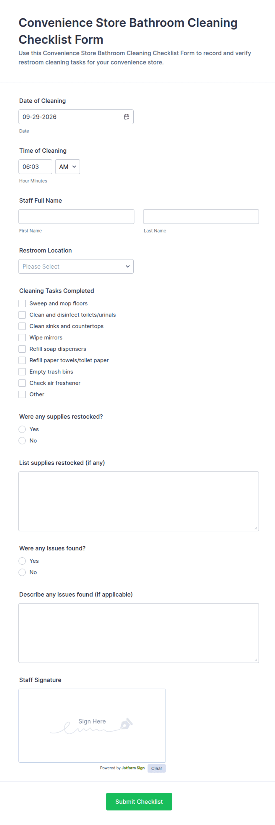 Convenience Store Bathroom Cleaning Checklist Form Template | Jotform