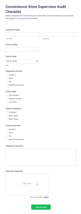 Convenience Store Supervisor Audit Checklist Form Template