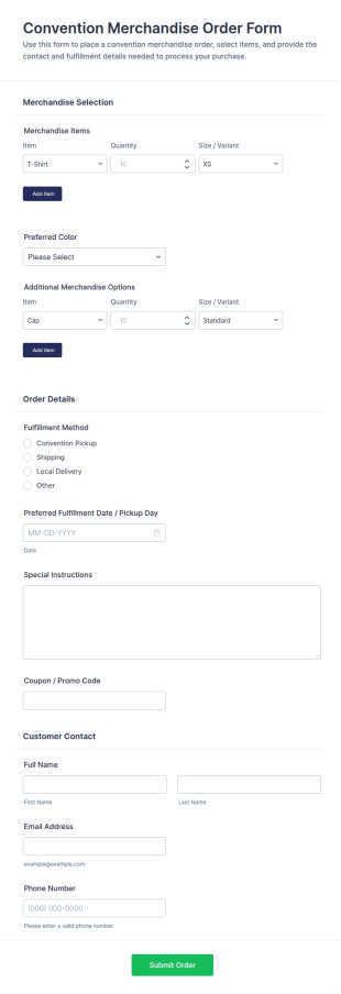 Convention Merchandise Order Form Template