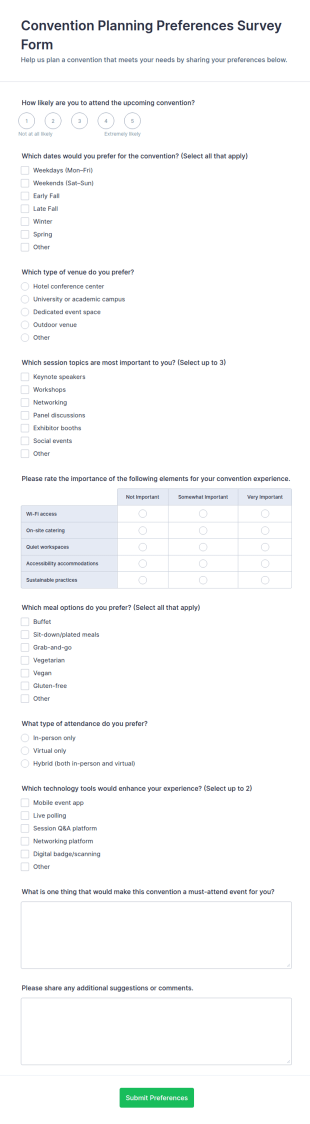 Convention Planning Preferences Survey Form Template