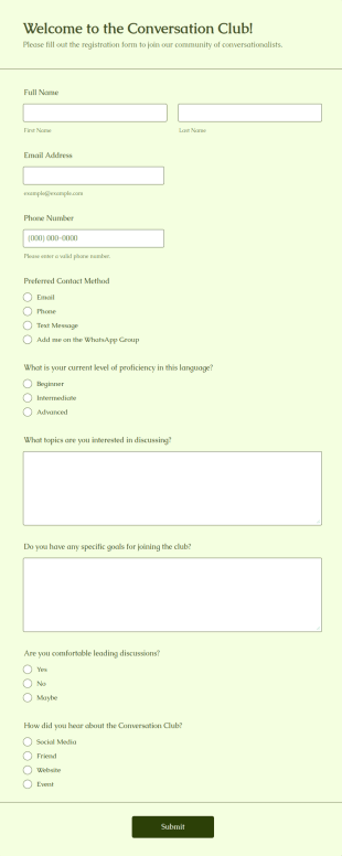 Conversation Club Registration Form Template