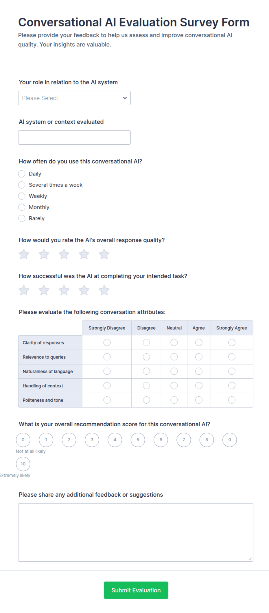 Conversational AI Evaluation Survey Form Template | Jotform