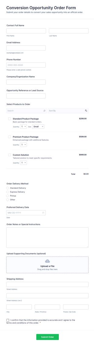 Conversion Opportunity Order Form Template