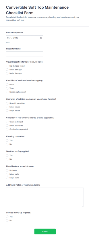 Convertible Soft Top Maintenance Checklist Form Template
