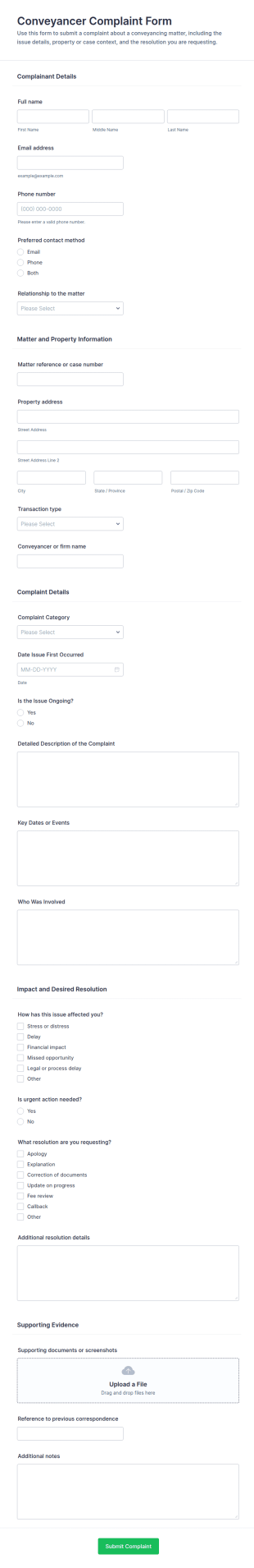 Conveyancer Complaint Form Template