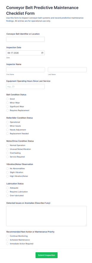 Conveyor Belt Predictive Maintenance Checklist Form Template