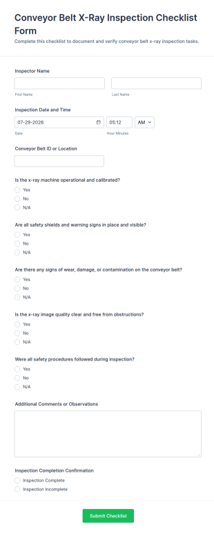 Conveyor Belt X Ray Inspection Checklist Form Template
