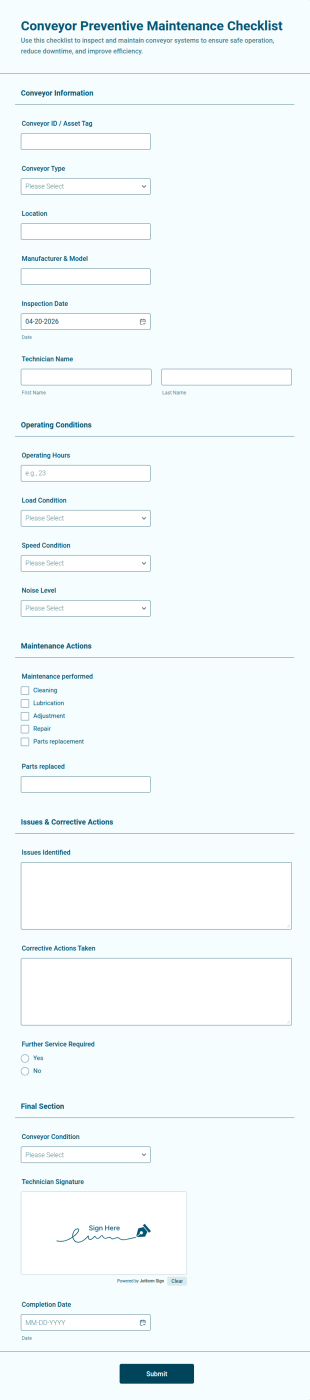 Conveyor Preventive Maintenance Checklist Form Template