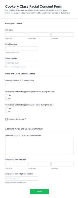 Cookery Class Facial Consent Form Template