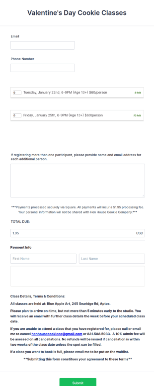 Valentine's Day Cookie Class Enrollment Form Template
