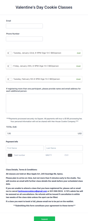 Valentine's Day Cookie Class Enrollment Form Template