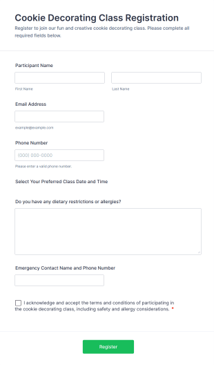 Cookie Decorating Class Registration Form Template