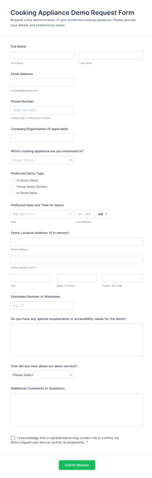 Cooking Appliance Demo Request Form Template